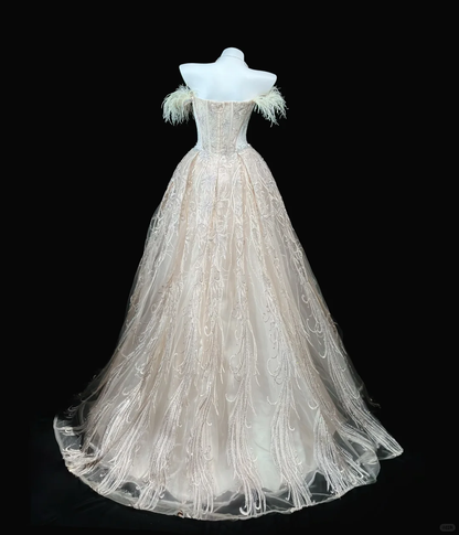 Gorgeous Tulle Embroidery Beaded Ball Gown Off The Shoulder Long Evening Dress Birthday Dress D2513