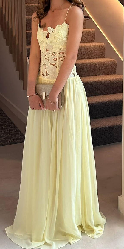 Elegant Spaghetti Strap Pastel Yellow Lace Chiffon Long Party Dress Evening Gown D3432