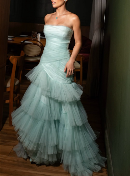Classy Blue Strapless Tulle Pleated Layered Mermaid Long Prom Dress Birthday Party Gown D3815