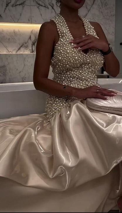 Gorgeous Halter Satin Pearls Beaded Long Party Dress Prom Dress D4573