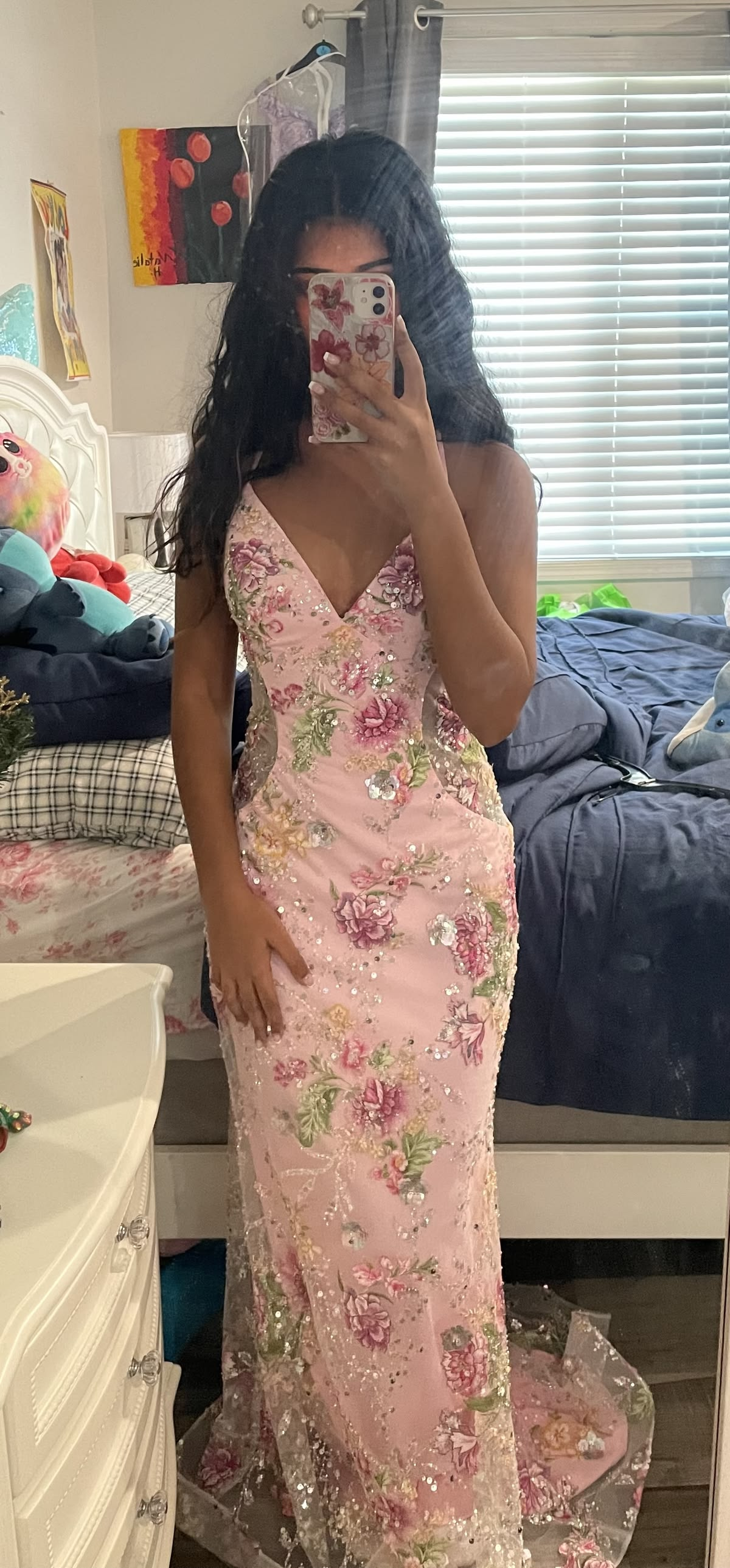 Glamorous Pink Spaghetti Straps Tulle Sequin Floral Mermaid Evening Dress Long Prom Gown D3422