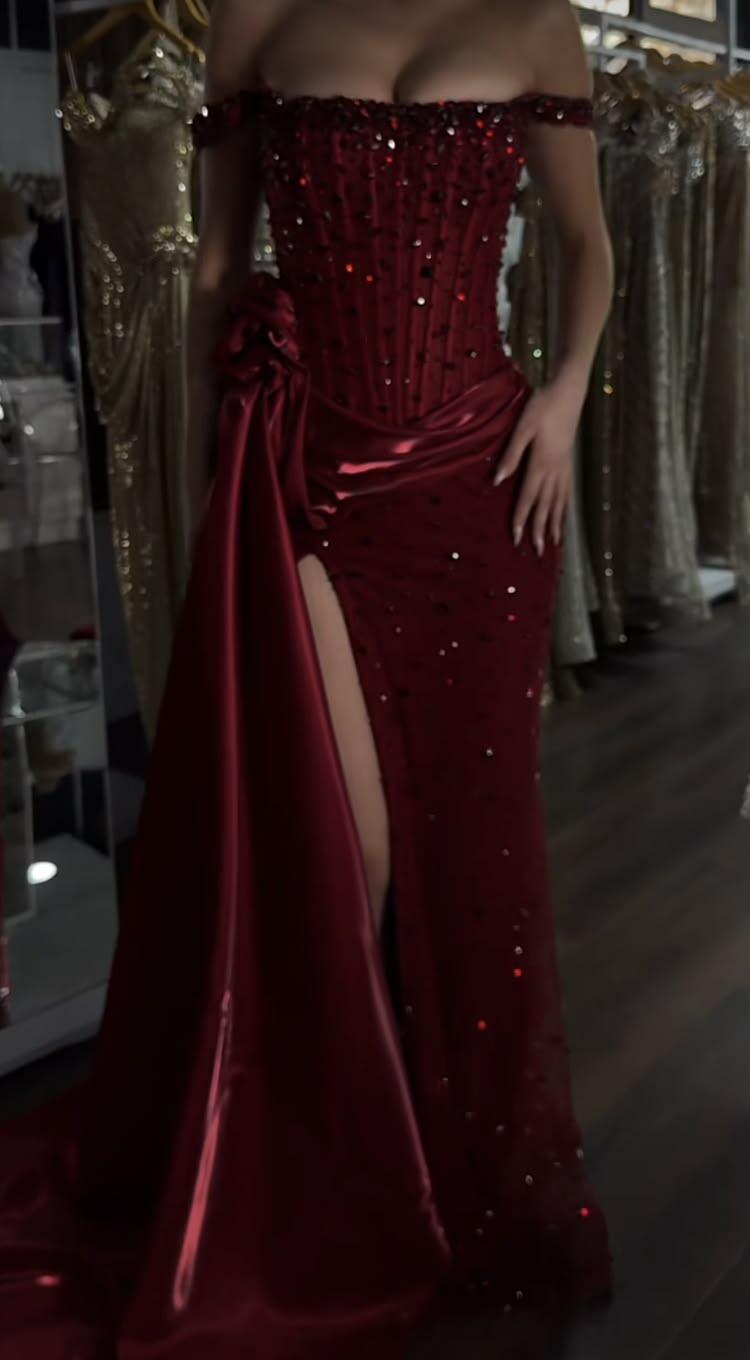Sexy Off The Shoulder Red Satin Pleated Beaded Party Dress Slit Mermaid Long Evening Dresses D5198