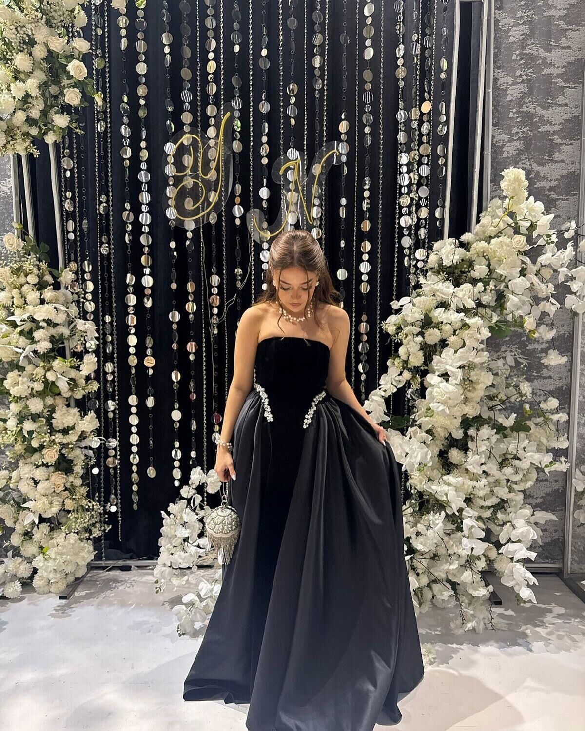 Pretty Strapless Black Velvet Satin Beaded Long Birthday Party Dress Evening Dress D4579