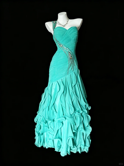 Classy Cyan Satin Pleated Chiffon Ruffle Long Evening Dress One Shoulder Mermaid Birthday Party Dress D5290