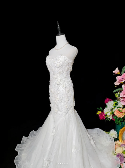 Fairy Strapless White Tulle Appliques Mermaid Long Party Dress Birthday Evening Dress D2374