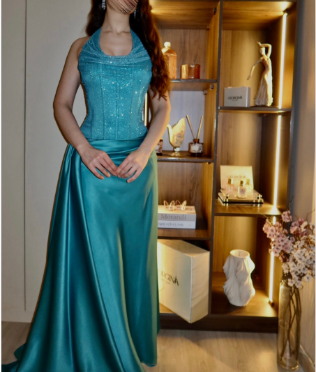 Fashion Green Halter Satin Mermaid Long Party Dress Prom Gown D4976