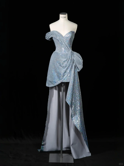 Glitter Blue Off The Shoulder Sequins Birthday Dress Formal Graduation Homecoming Dress S478