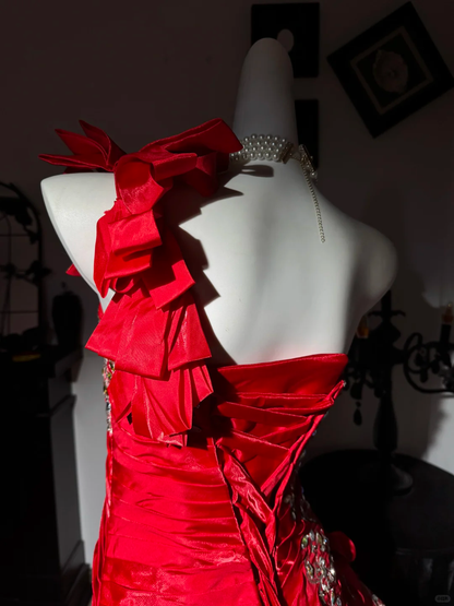Stylish Red Satin Ruched Beaded Mermaid Party Dress,One Shoulder Long Evening Gown D3733
