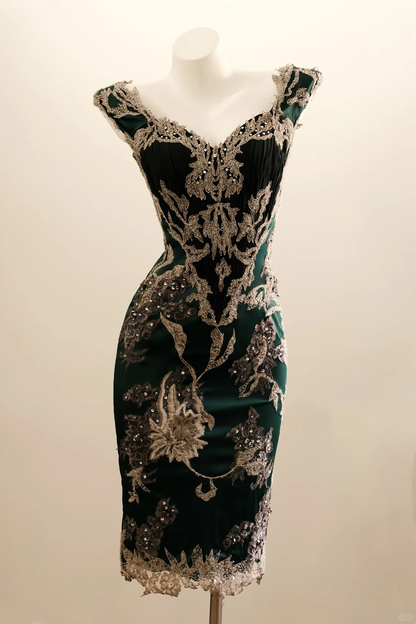 Vintage Spaghetti Straps Satin Lace Beaded Sheath Knee Length Prom Dress Party Dress D2734