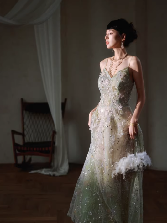 Pretty Spaghetti Straps Green Tulle Appliques A Line Long Birthday Prom Dress Evening Dress D2434