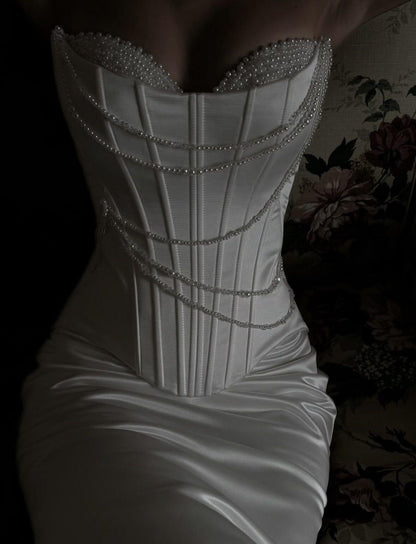 Elegant White Strapless Satin Pearls Beaded Mermaid Long Wedding Dress D5138
