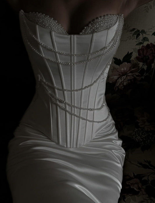 Elegant White Strapless Satin Pearls Beaded Mermaid Long Wedding Dress D5138