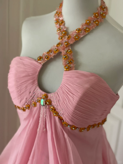 Pretty Pink Halter Chiffon Beaded Mermaid Evening Dress Long Wedding Guest Dress D3107