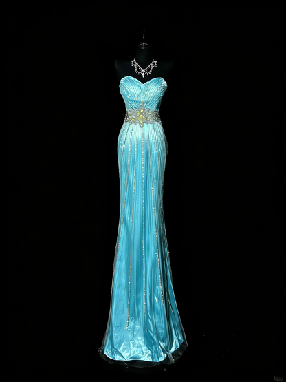 Gorgeous Sweetheart Neck Satin Tulle Beaded Long Prom Gown Blue Mermaid Long Evening Dress D4895