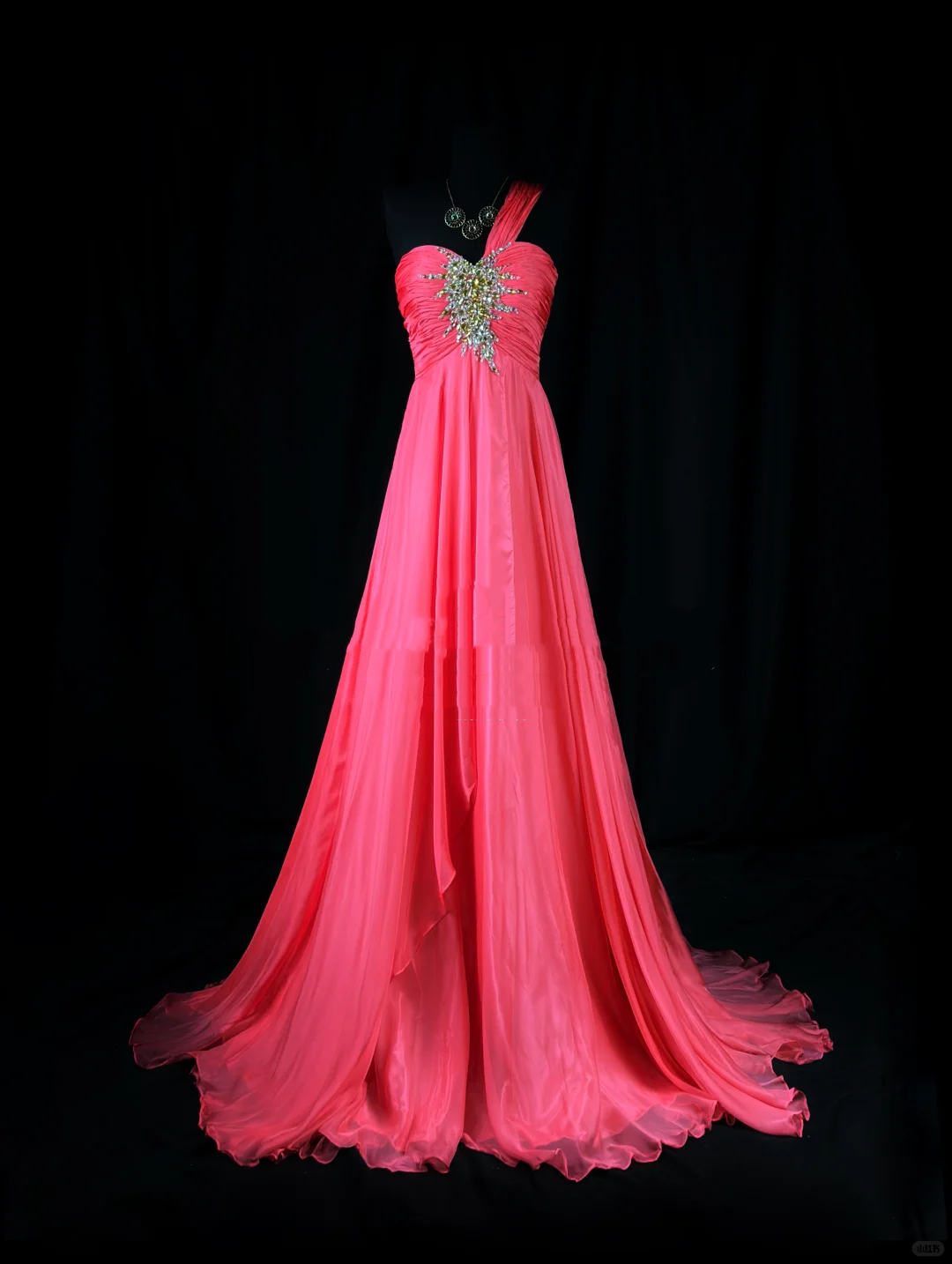 Elegant One Shouder Rose Pink Chiffon Beaded Long Party Dress Evening Dress D2509