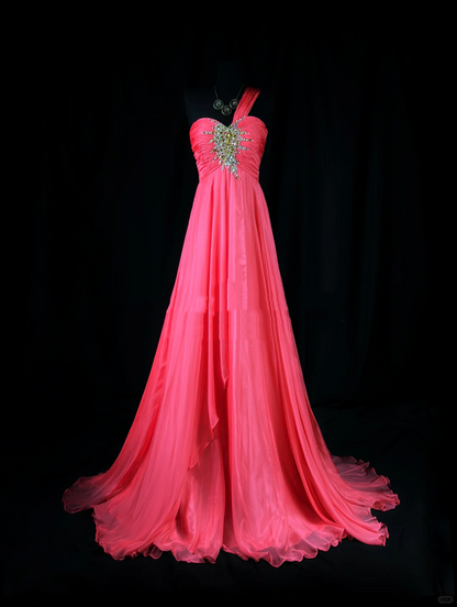 Elegant One Shouder Rose Pink Chiffon Beaded Long Party Dress Evening Dress D2509