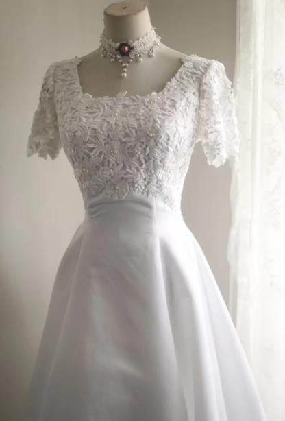 Classy Lace Appliques Satin A Line White Long Wedding Dress Bridal Dress D1269