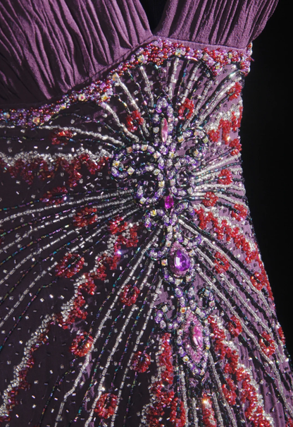 Purple Vintage V Neck Halter Satin Beaded Mermaid Long Party Dress Backless Evening Gown D2237