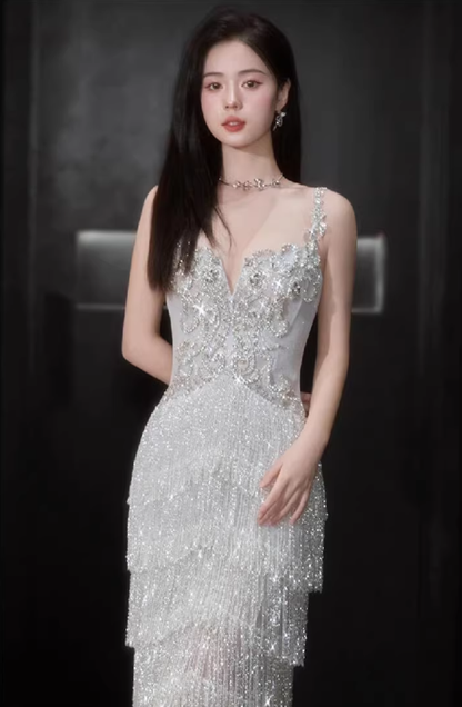 Glitter Spaghetti Straps Silver Satin Beaded Layered Tassel Long Party Dress Evening Gown D2218
