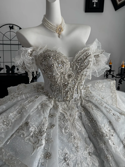 Gorgeous White Tulle Lace Beaded Long Wedding Dress,Off The Shoulder Bridal Dress D3698