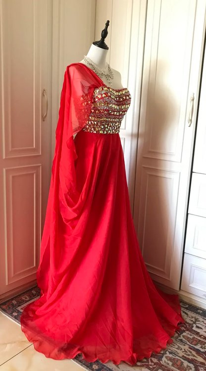 Gorgeous Red Chiffon Beaded Mermaid Long Party Dress Evening Dress D3102