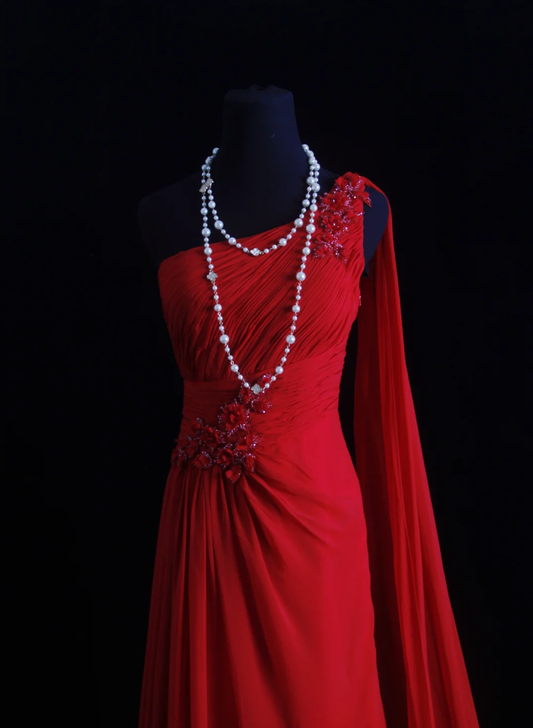 Classy One Shoulder Red Chiffon Beaded Mermaid Long Party Dress Formal Wedding Guest Dress D1997
