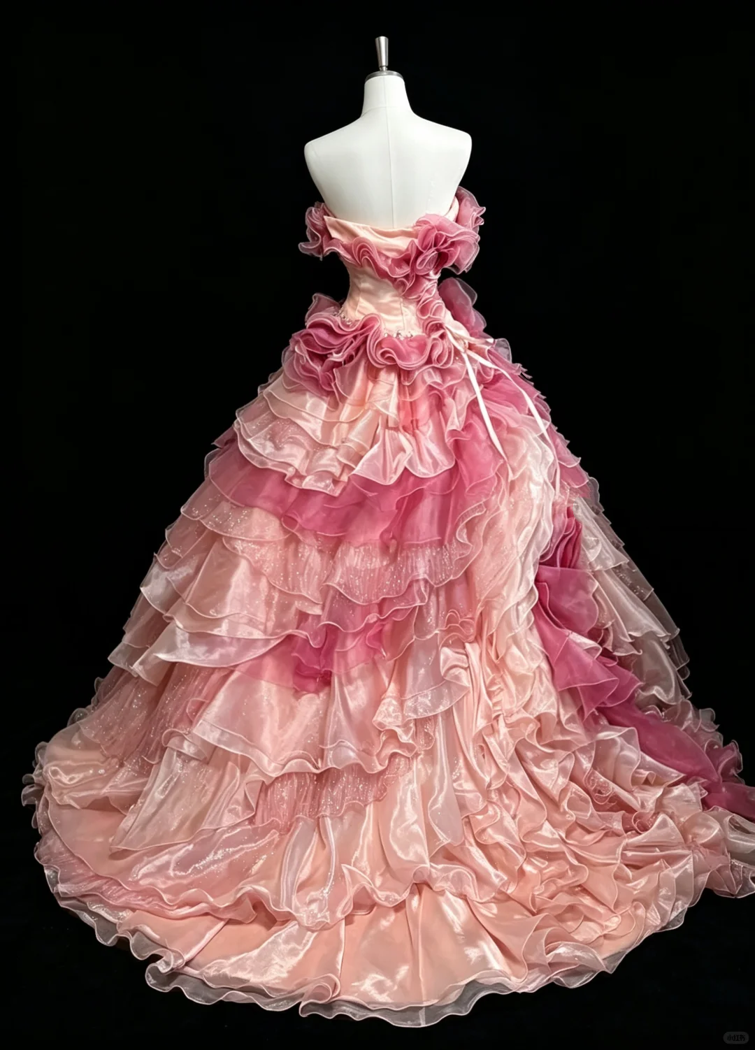 Retro Ball Gown Pink Gradient Strapless Tulle Layered Ruffles Beaded Quinceanera Dress D5277