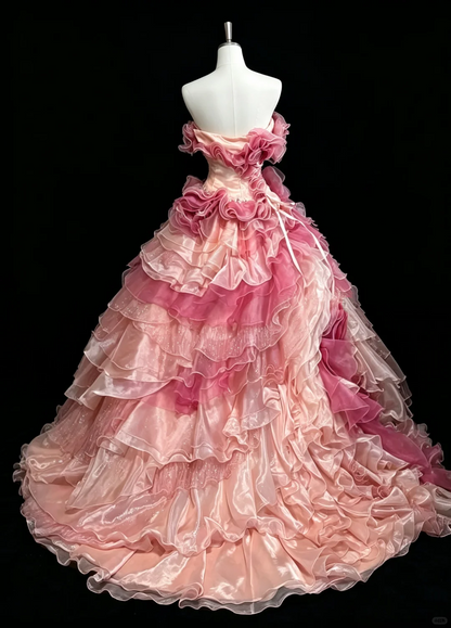 Retro Ball Gown Pink Gradient Strapless Tulle Layered Ruffles Beaded Quinceanera Dress D5277