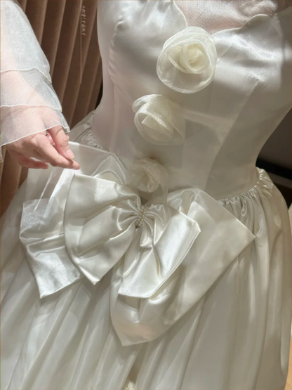 Charming Beaded Bow Satin Ball Gown White Long Wedding Dress D2033