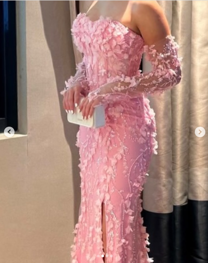 Elegant Pink Strapless Tulle Appliques Beaded Slit Mermaid Evening Dress Long Party Dress D1356