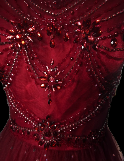 Gorgeous Spaghetti Straps Burgundy Tulle Beaded Ball Gown Sweet 16 Dress D1101