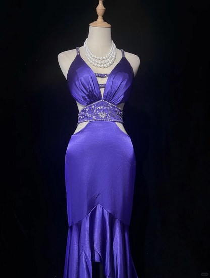 Sexy Purple Satin Sequin Beaded Mermaid Evening Dress,Spaghetti Straps Long Party Gown D2838