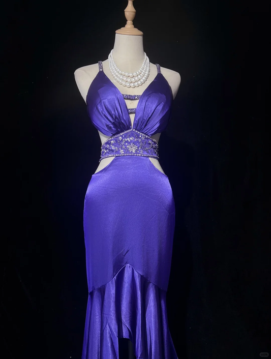 Sexy Purple Satin Sequin Beaded Mermaid Evening Dress,Spaghetti Straps Long Party Gown D2838