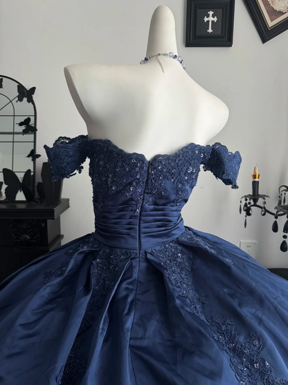 Vintage Off The Shoulder Quinceanera Dress,Navy Blue Satin Appliques Sweet 16 Dress D3705