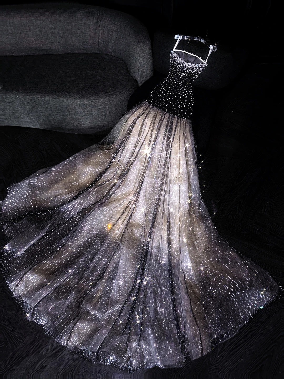 Shiny Mermaid Strapless Black Tulle Sequined Long Birthday Prom Dresses Party Gown D4548