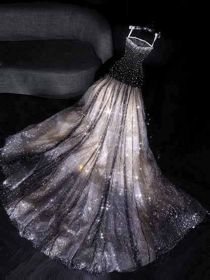 Shiny Mermaid Strapless Black Tulle Sequined Long Birthday Prom Dresses Party Gown D4548