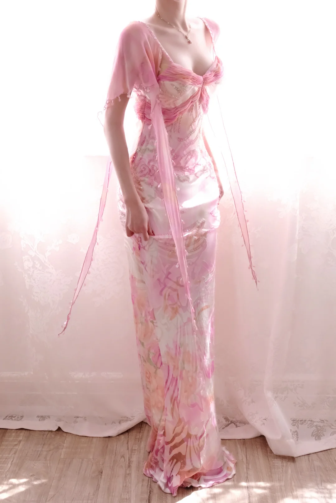 Pretty Pink V Neck Chiffon Print Floral Beaded Mermaid Long Prom Dress Party Gown D2719