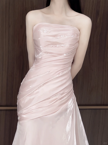 Shiny Pink Organza Pleated Mermaid Long Party Dress Strapless Long Prom Gown D5087
