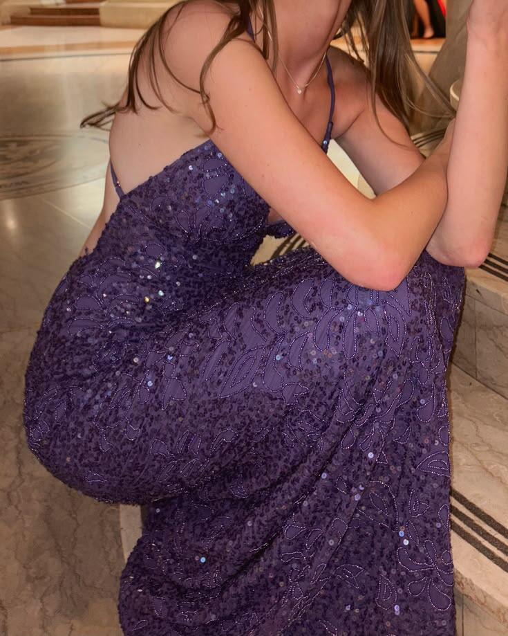 Elegant Spaghetti Straps Satin Sequin Long Party Dress Purple Backless Mermaid Evening Dress D5299