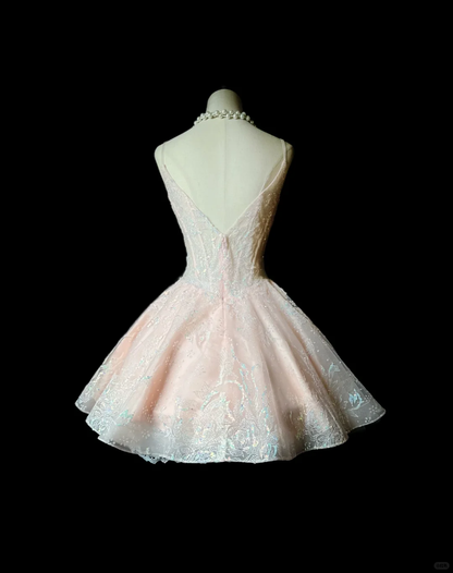 Glitter Pink Spaghetti Straps Tulle Sequin A Line Short Homecoming Dress Mini Party Dress D3252