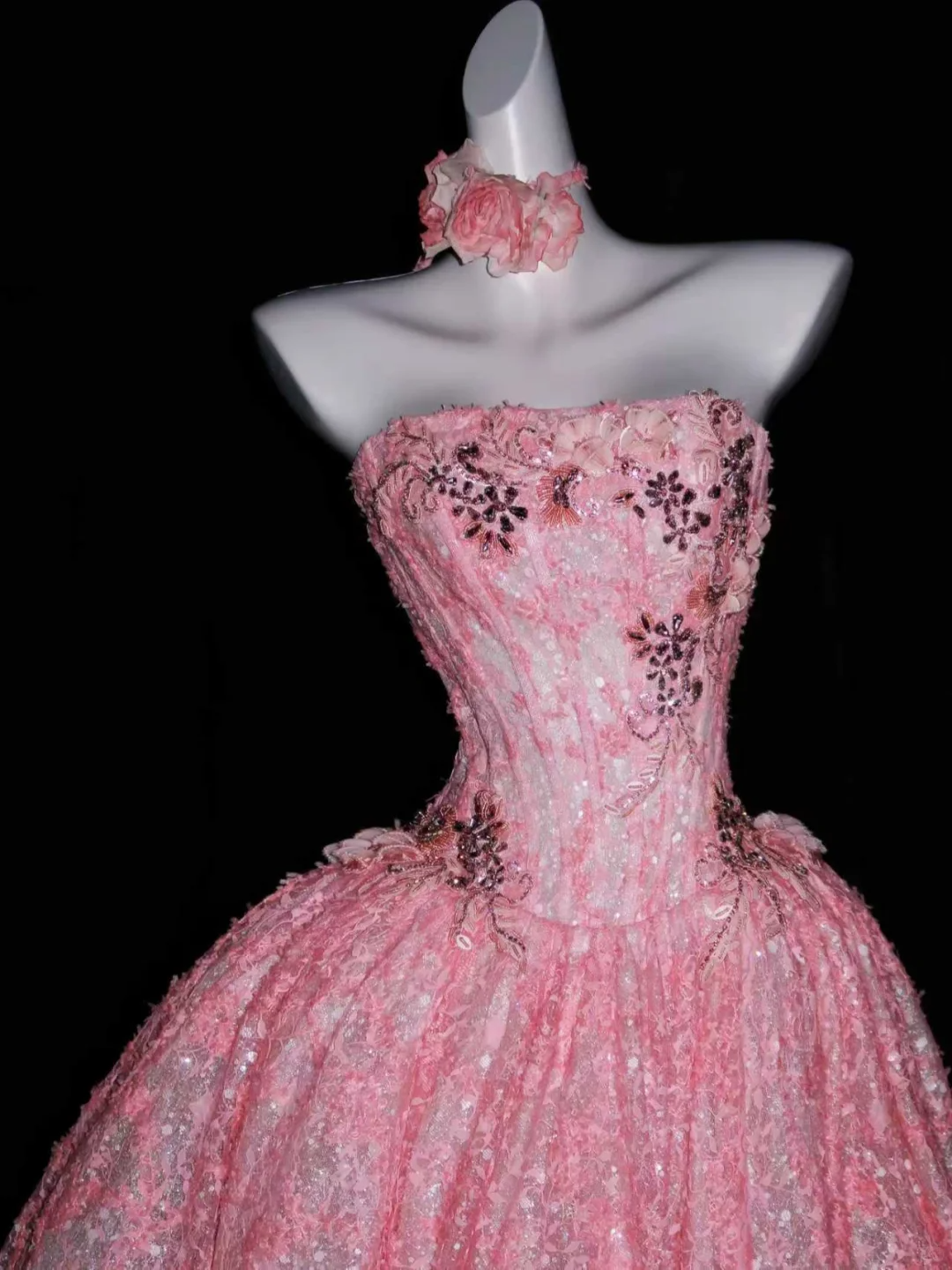 Pretty Pink Strapless Tulle Floral Long Wedding Dress Formal Bridal Gowns D3078
