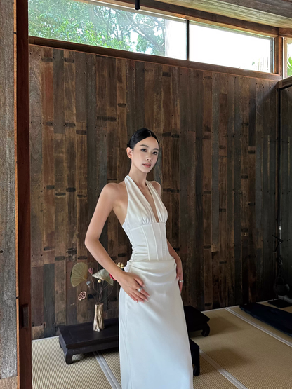 Classy White Halter Satin Mermaid Long Evening Dress Birthday Prom Dress Party Gown D2088