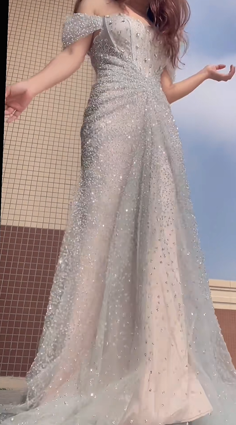 Sparkly Silver Tulle Sequin Beaded Mermaid Long Evening Dress Off The Shoulder Birthday Party Dress D2030