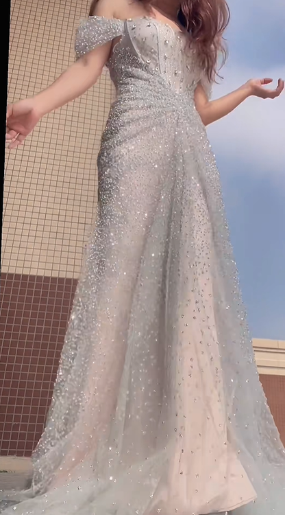 Sparkly Silver Tulle Sequin Beaded Mermaid Long Evening Dress Off The Shoulder Birthday Party Dress D2030