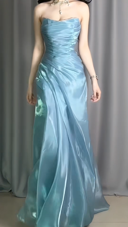 Glamorous Strapless Blue Organza Pleated Mermaid Long Prom Dress Birthday Evening Dresses D2485