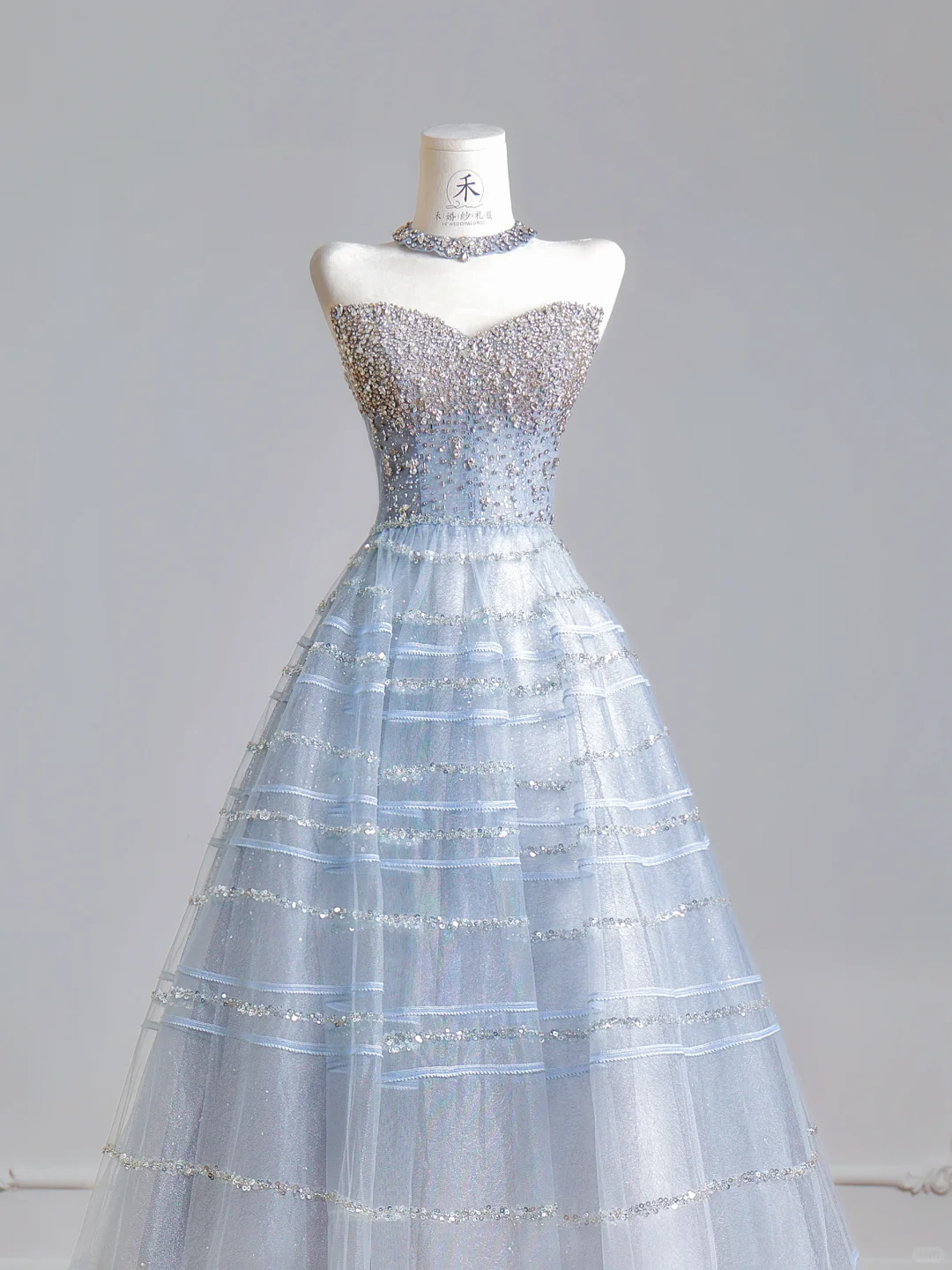 Fairy Blue Ball Gown Strapless Tulle Sequin Beaded Long Party Dress Birthday Evening Gowns D2505