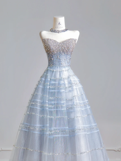 Fairy Blue Ball Gown Strapless Tulle Sequin Beaded Long Party Dress Birthday Evening Gowns D2505