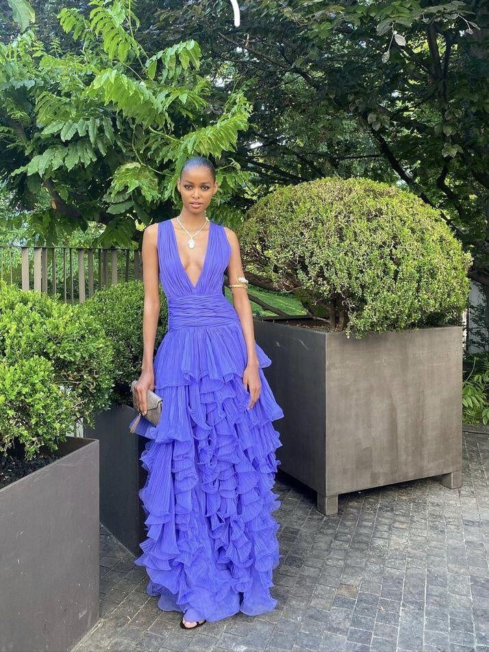 Pretty Deep V Chiffon Ruffled A Line Long Party Dress Purple Long Prom Dress D5048
