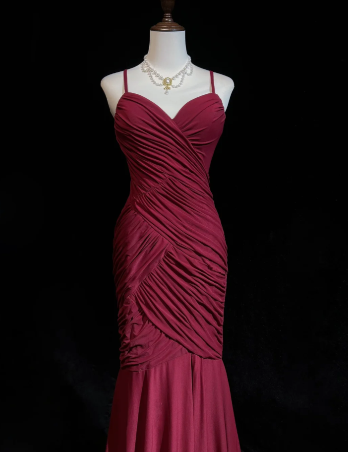 Classy Spaghetti Straps Burgundy Satin Pleated Mermaid Long Party Evening Dress D1991