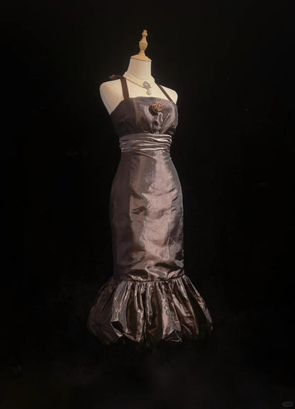 Vintage Dark Brown Satin Sheath Short 7th Grade Homecoming Dress,Halter Mini Party Dress D3384